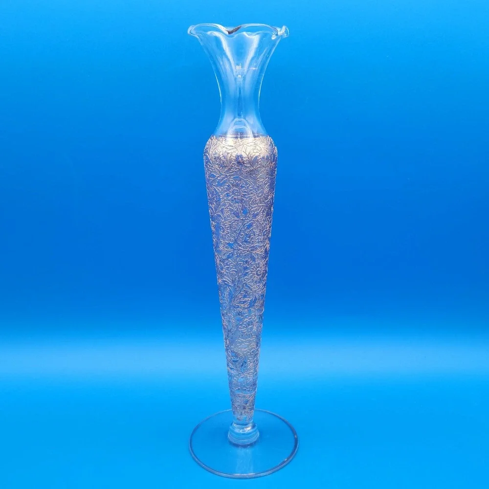 Vintage Glastonbury (?) Lotus Ruffle Top Glass Bud Vase‎ with Gold Overlay